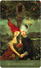 Tarot card titled 'Garden of the Heart' featuring two figures under an apple tree.