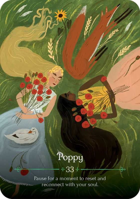 Illustration of a tarot card featuring two women with flowers, a swan, and text about resetting and reconnecting with the soul.
