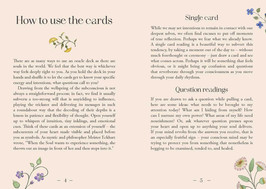 Instructions on using oracle cards with text and floral illustrations.