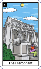 Card titled 'The Hierophant' featuring a classical building with a lion statue and a person reading a book.