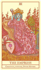 Tarot card featuring 'The Empress' with a woman in a pink dress holding a scepter, surrounded by nature.