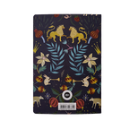Notebook with colorful animal and plant pattern on a dark background