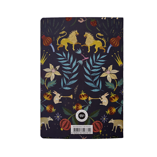 Notebook with colorful animal and plant pattern on a dark background