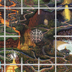 Collage of various landscapes with a central compass-like symbol