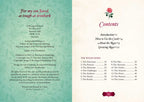 Booklet with green and white pages, containing text and a rose illustration on a white background.