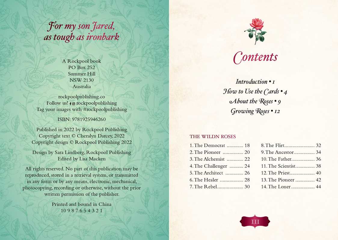 Booklet with green and white pages, containing text and a rose illustration on a white background.