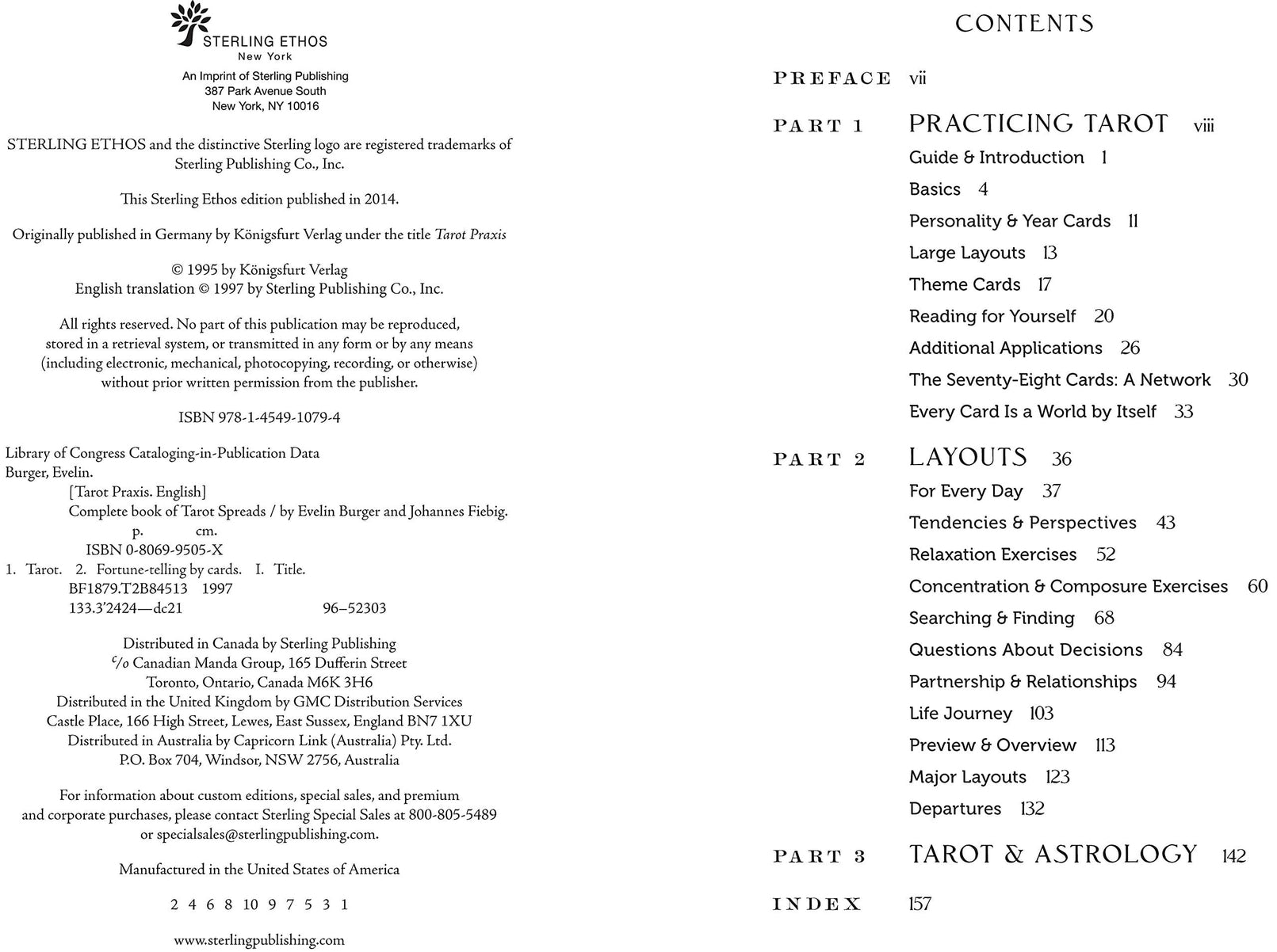 Table of contents page from a book on tarot and astrology by Sterling Ethos Publishing.