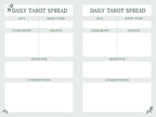 Blank sheet for daily tarot spread with columns for date, moon phase, cards drawn, feelings, questions, and interpretations.