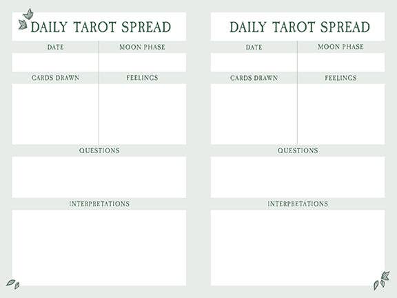 Blank sheet for daily tarot spread with columns for date, moon phase, cards drawn, feelings, questions, and interpretations.