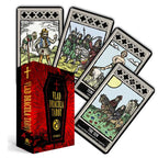 Vlad Dracula Tarot cards with a red coffin-shaped box on a white background