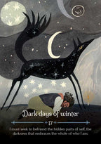 Illustration of a dark deer silhouette with a person lying down, set against a night sky with stars and moon.