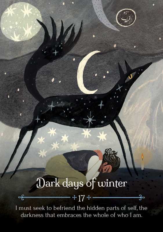 Illustration of a dark deer silhouette with a person lying down, set against a night sky with stars and moon.