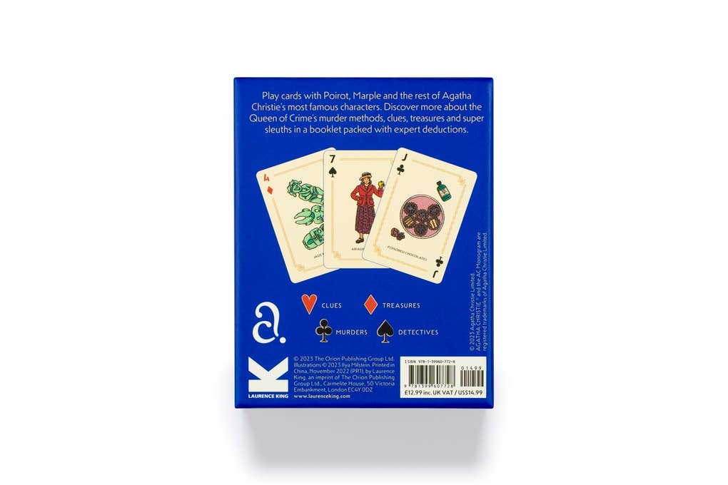 Card game packaging with playing cards and Agatha Christie branding on a white background