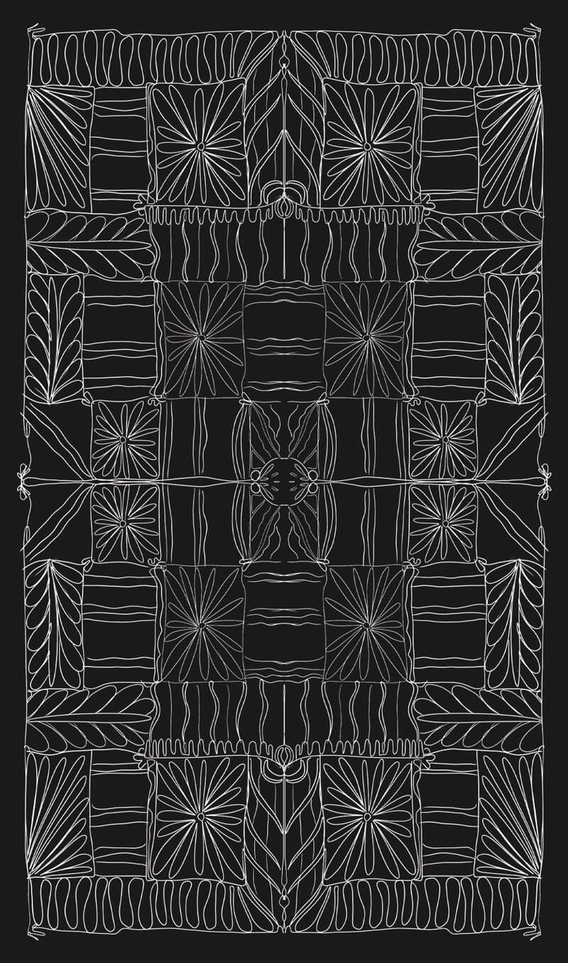 Black and white geometric patterned rug with intricate designs on a dark background