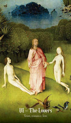 Artistic depiction of 'The Lovers' by Sandro Botticelli with a green landscape and birds.