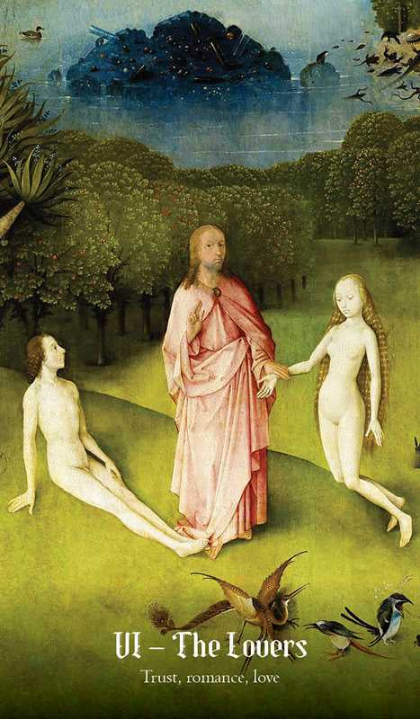 Artistic depiction of 'The Lovers' by Sandro Botticelli with a green landscape and birds.