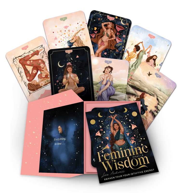 Collection of tarot cards with a pink holder titled 'Feminine Wisdom'.