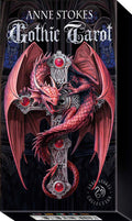 Gothic Tarot card deck packaging with a dragon illustration on a black background