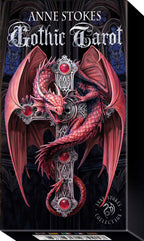 Gothic Tarot card deck packaging with a dragon illustration on a black background