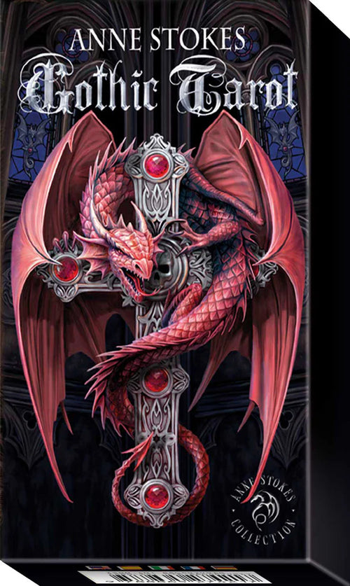 Gothic Tarot card deck packaging with a dragon illustration on a black background
