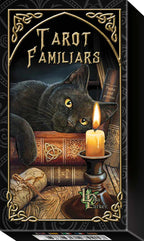 Box of Tarot Familiars with a black cat and candle on an ornate background