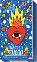 Cover of 'Tarot del Fuego' with a red heart, flames, and celestial elements on a blue background.