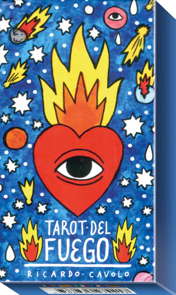 Cover of 'Tarot del Fuego' with a red heart, flames, and celestial elements on a blue background.