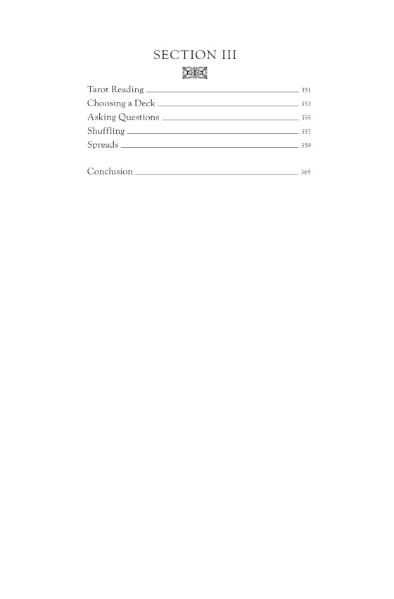 Table of contents for a Tarot for Change
on tarot reading with section titles and page numbers.
