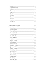 Table of contents for a tarot card book with minor arcana listings.