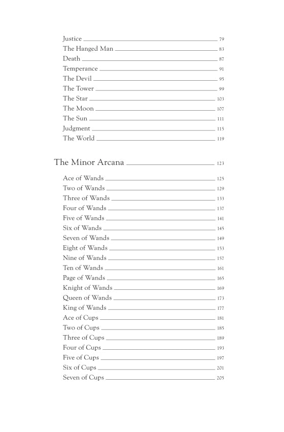 Table of contents for a tarot card book with minor arcana listings.