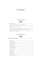 Table of contents for a book on tarot with black text on a white background.