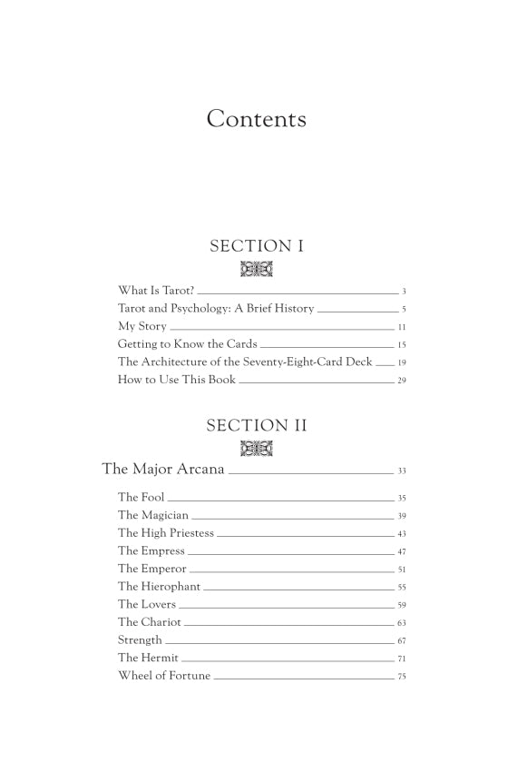 Table of contents for a book on tarot with black text on a white background.