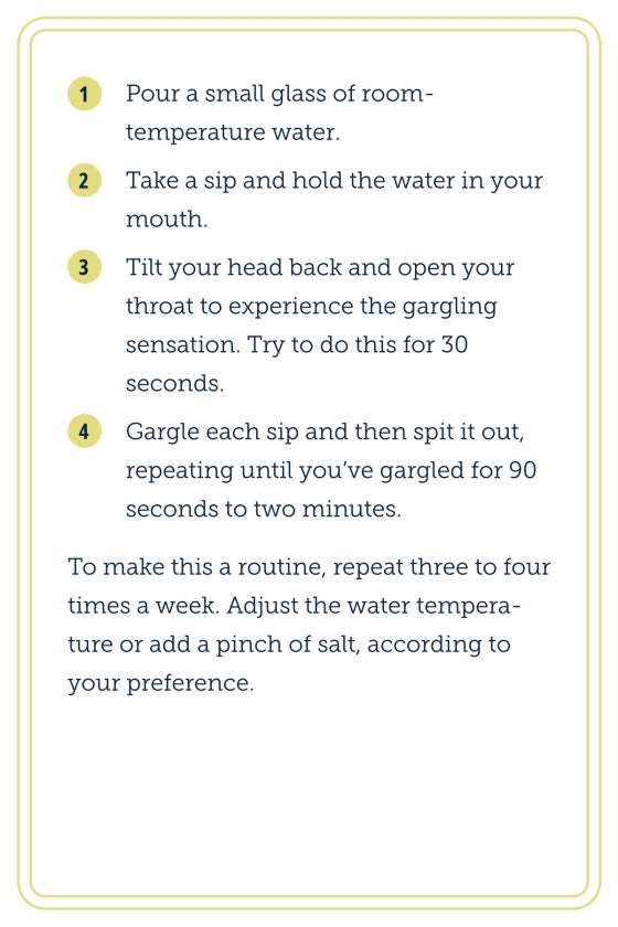Instructions for gargling with room-temperature water on a white background