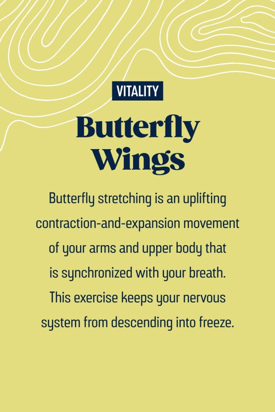 Text about butterfly stretching on a yellow background with 'Vitality' branding.