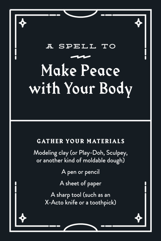 Instructions for a spell to make peace with your body on a black background