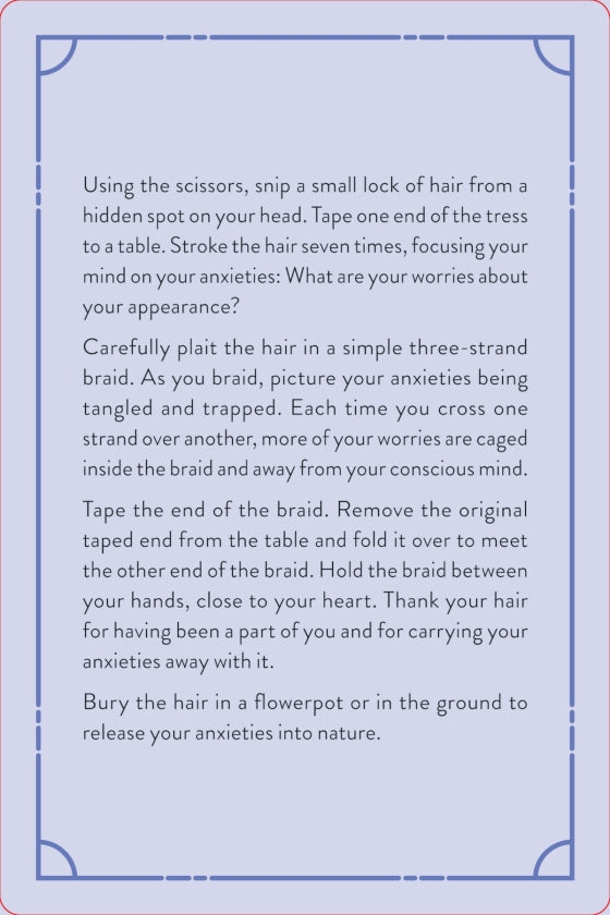Instructions for braiding hair and releasing anxieties on a white background with blue border.