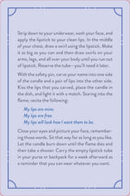Instructions for a ritual involving lipstick, candle, and safety pin on a blue background