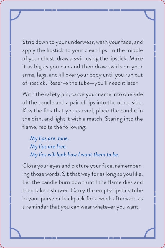 Instructions for a ritual involving lipstick, candle, and safety pin on a blue background