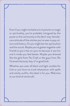 Text on a blue background discussing themes of spirituality, witchcraft, and community.