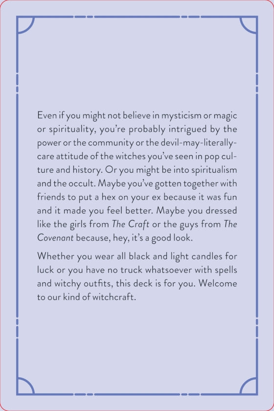 Text on a blue background discussing themes of spirituality, witchcraft, and community.