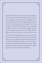 Instructions for a DIY project involving lipstick, newspaper, and paper on a light blue background.