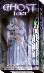 Ghost Tarot card box with a couple embracing in front of a stained glass window.