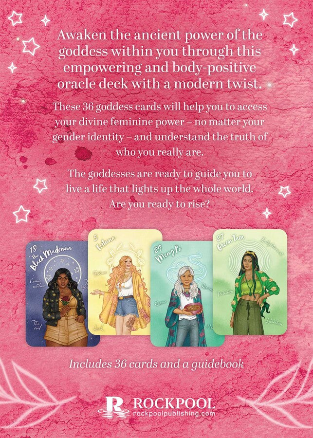 Promotional image of a goddess oracle deck with four cards on a pink background, featuring text about accessing divine feminine power.