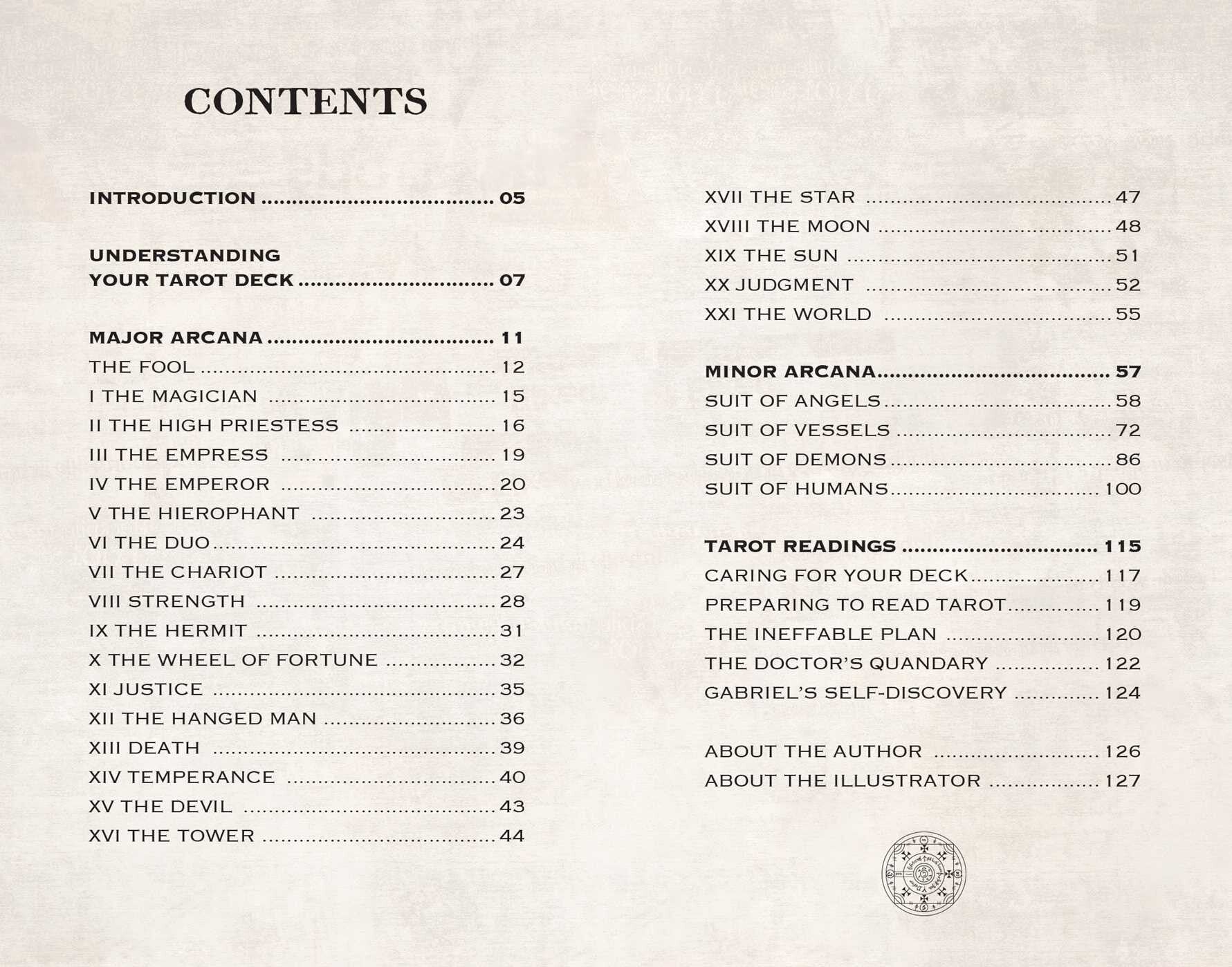 Table of contents for a tarot deck on a textured beige background