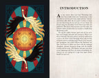 Book page with illustration of a dragon and text on a black background