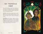 Illustration of two characters with text on temperance from a tarot card book.