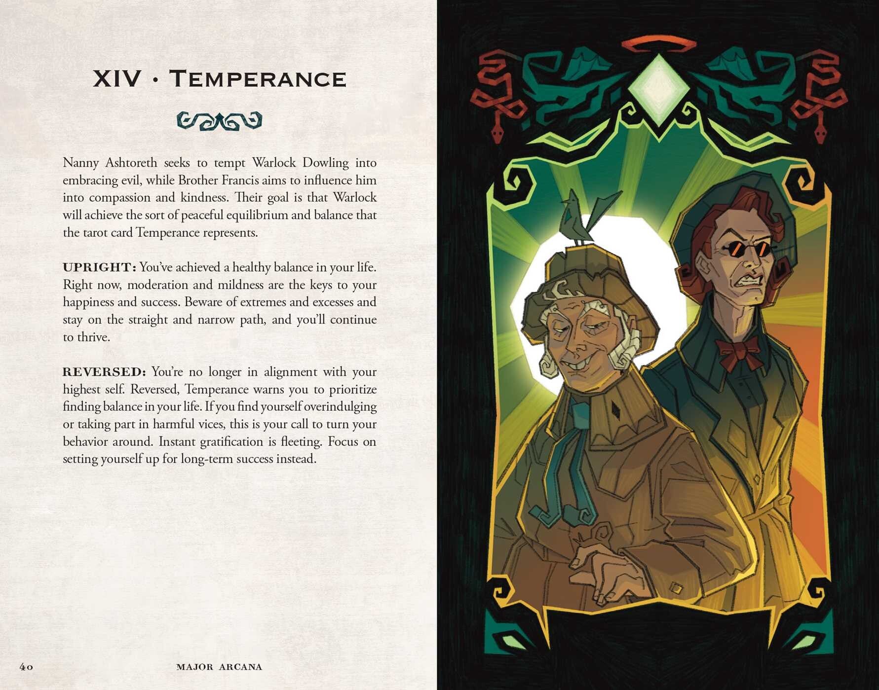 Illustration of two characters with text on temperance from a tarot card book.