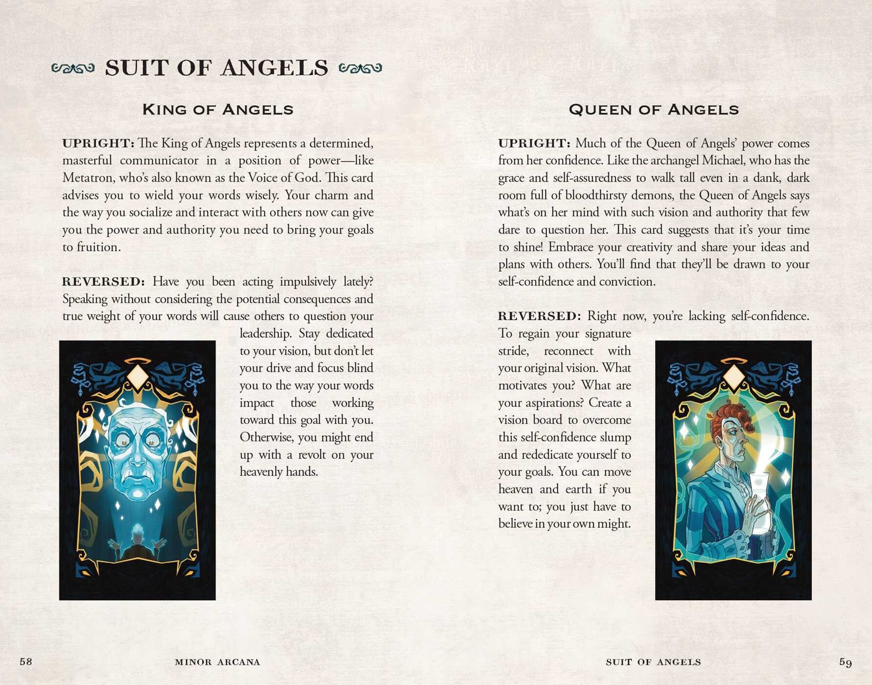 Card from a tarot deck with King of Angels and Queen of Angels illustrations and descriptions.