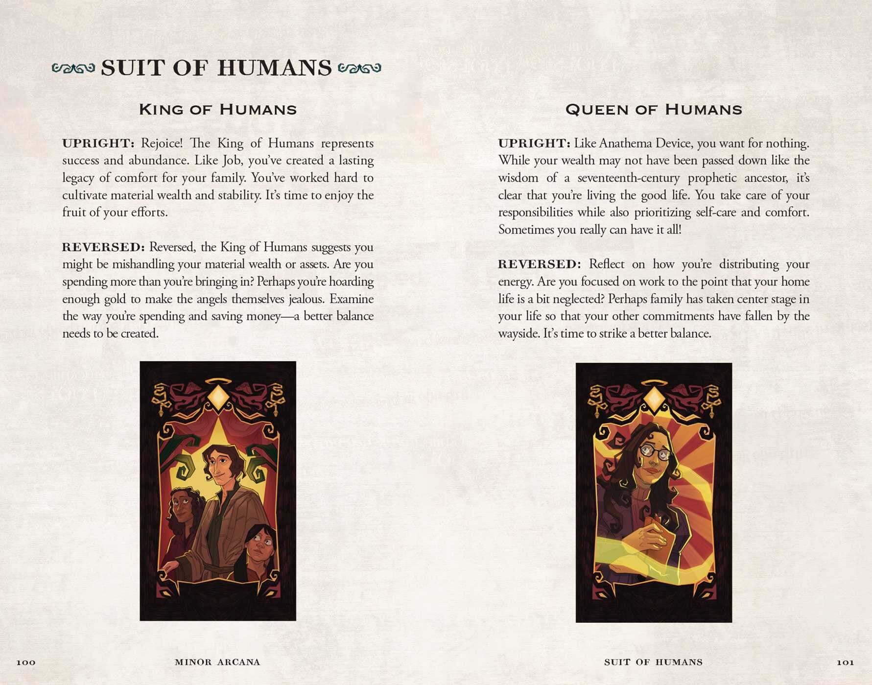 Card from a tarot deck titled 'Suit of Humans' with text and illustrations on a light background.