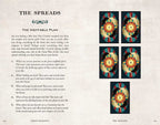 Page from a book or magazine featuring tarot cards and text on a textured beige background.